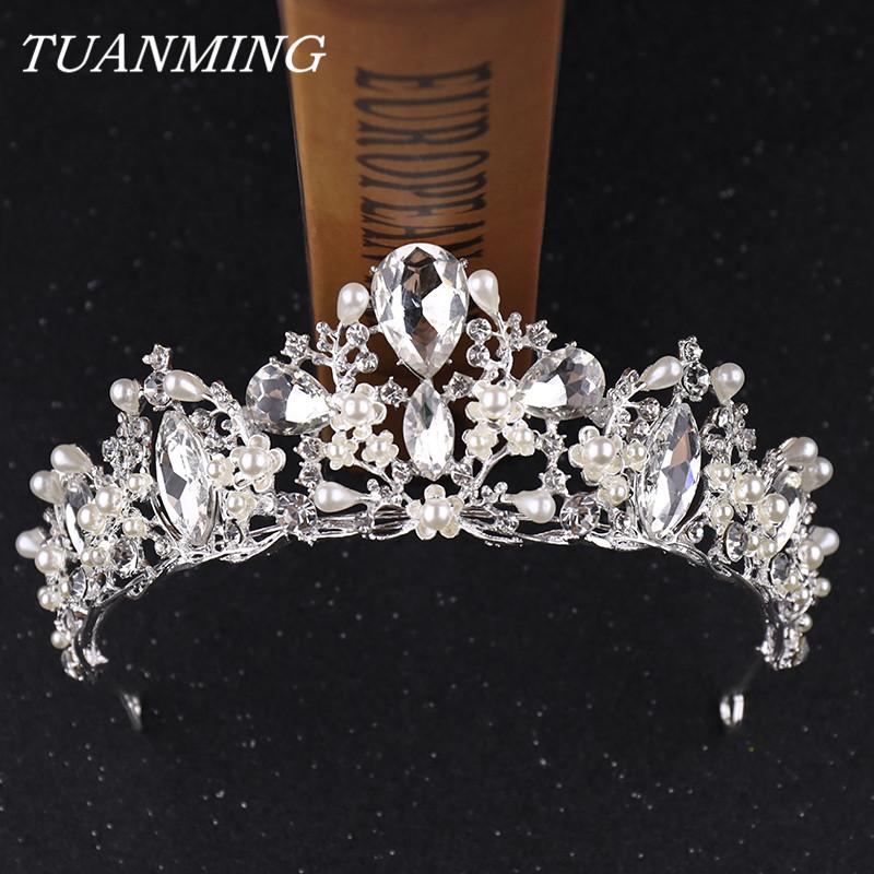 

Crystal Pearl Bridal Crowns Tiaras Fashion Crystal Diadem For Brides Headbands Wedding Hair Jewelry Accessories