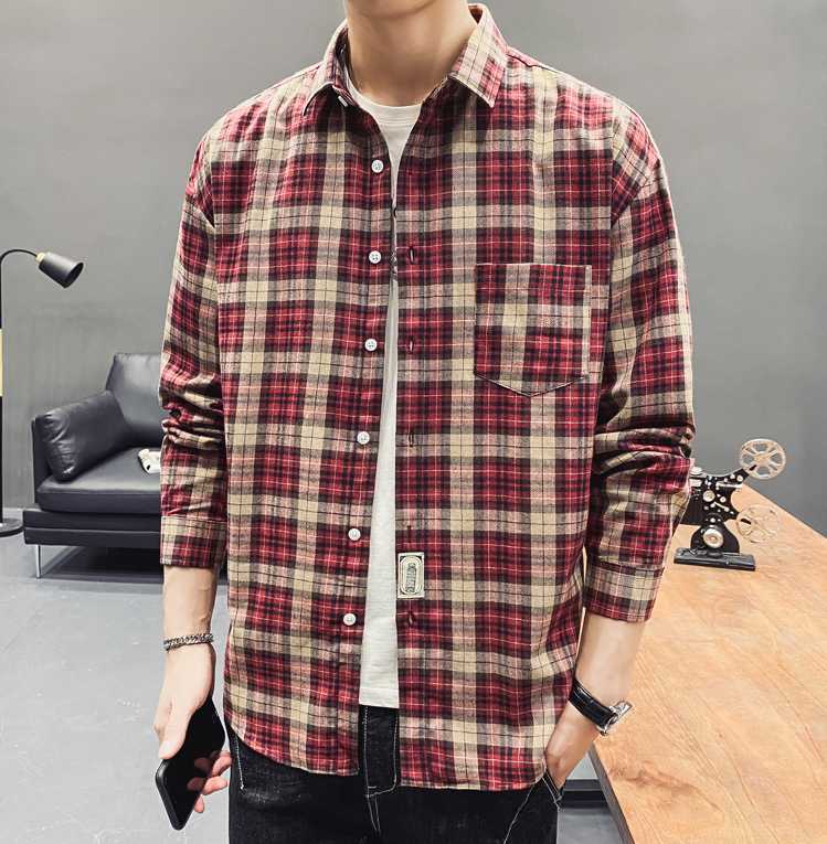 

Fashion Red Plaid Shirt Men Long Sleeve Loose Casual Shirt -4XL