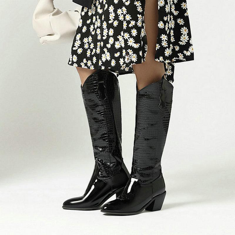 

AIWEIYi Women Winter Boots Fashion Knee High Boots Square High Heels Platform Shoes Black Booties Ladies Shoes1