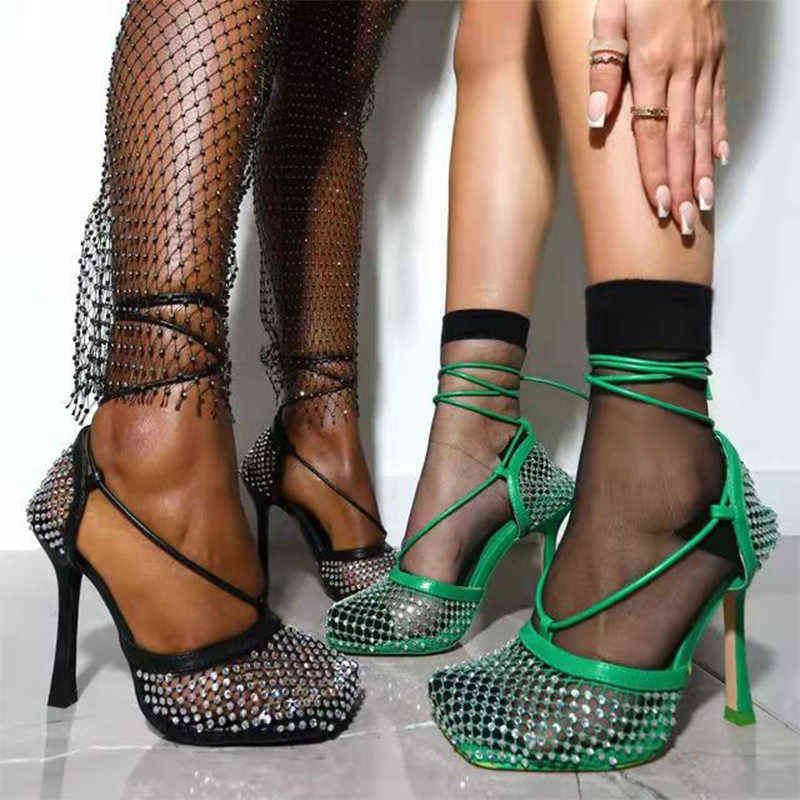 

Fashion Women High Heel Sandals Crystal Fishnet Pumps Square Toe Ankle Cross Tied Rhinestone Sandals Women Shoes Plus Size 42 AA220226, White