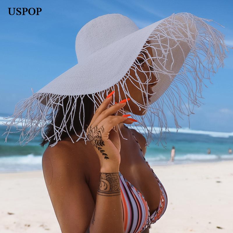 

USPOP summer hats wide brim woven straw hat gradient printing sun hats hairy edges brim beach hat, White