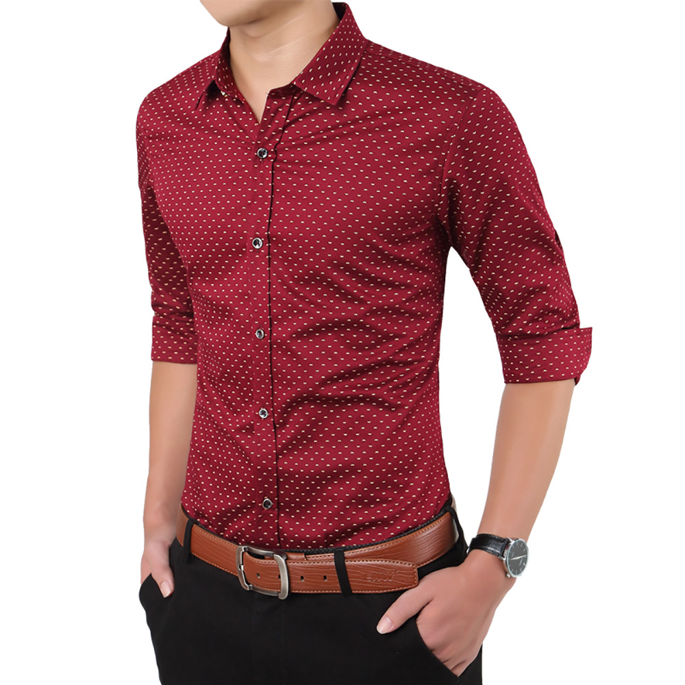 

2020 Brand Spring and Autumn New Men's Shirts Printing Shirt for Male Long-sleeved Checker Shirt, Wine red