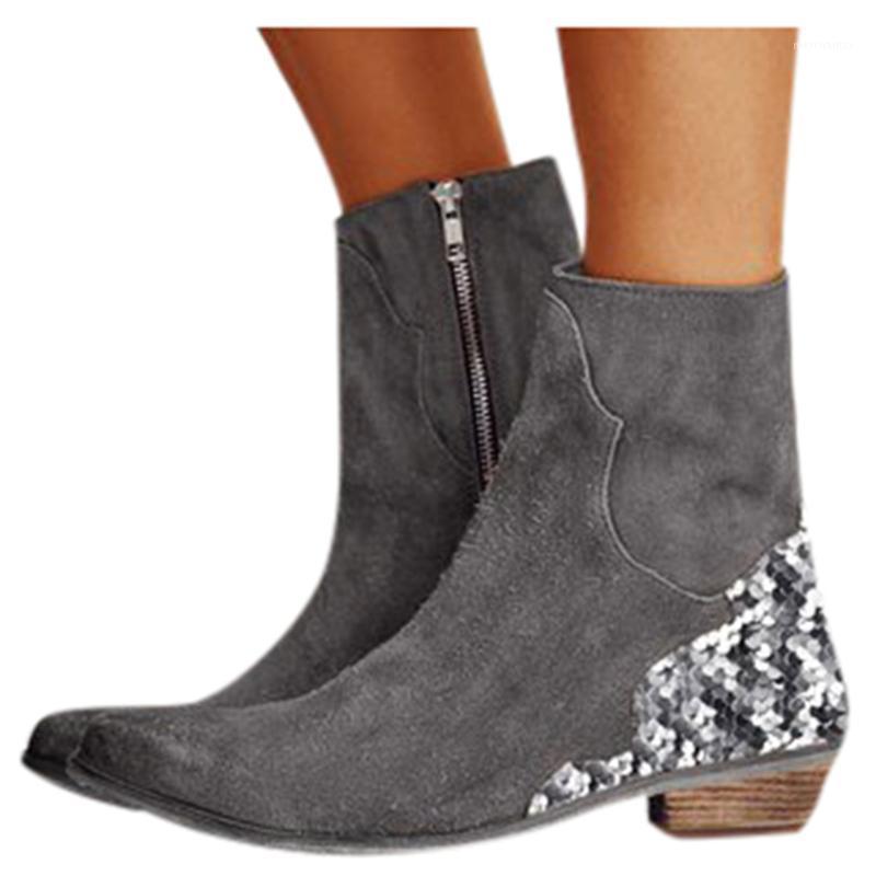 

SAGACE Women's shiny flat pointed low heel shoes western knight ankle boots retro ladies sequins thick with bare boots1, Gray