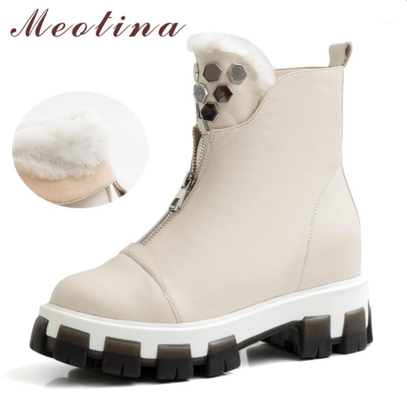 

Meotina Winter Snow Boots Women Natural Genuine Leather Thick Heel Ankle Boots Warm Wool Zipper Shoes Ladies New Plus Size 34-431, Beige