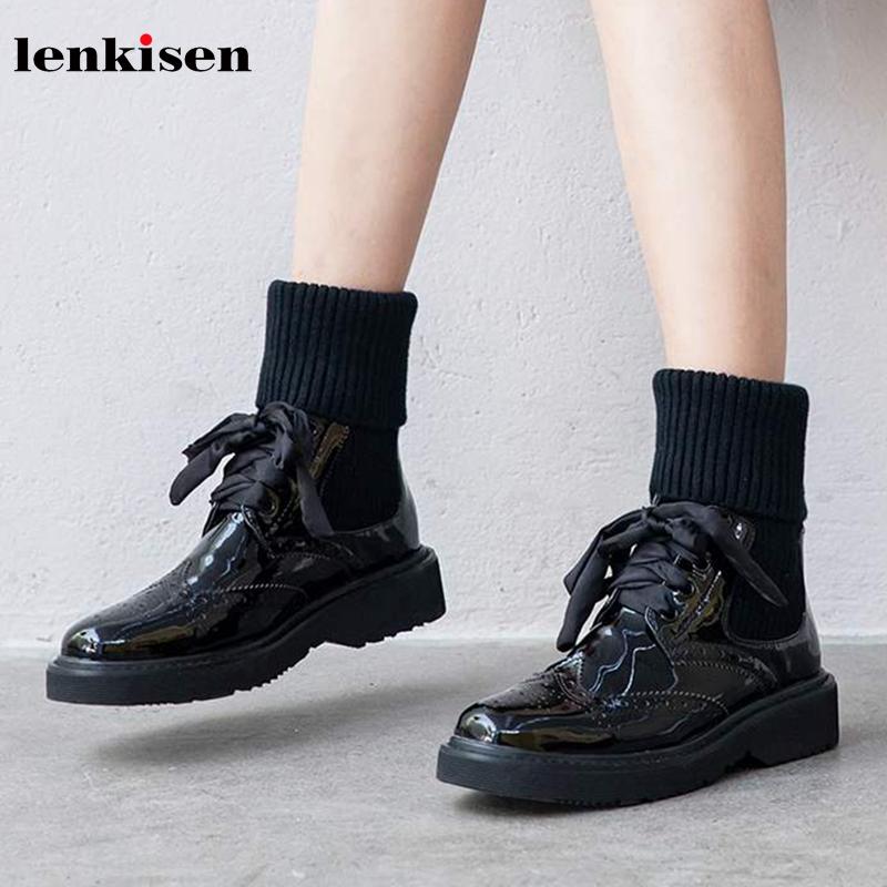 

Lenkisen new brogue carved genuine leather socks boots lace up round toe med heels winter knitting warm women mid-calf boots L98, Black