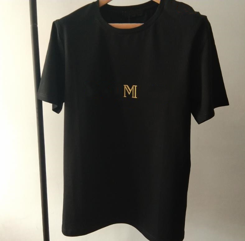 

T Shirt New Luxury Design Shoulder Gold Buckle Hot Stamping Gold Letter Black White Short-Sleeved Cotton Round Neck For Women, White gold letters