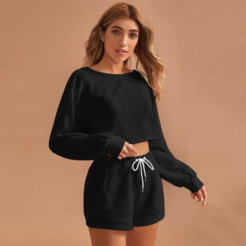 

2 Piece Set Women Round Neck Long Sleeve Two-Piece Sweat Suit Tracksuit Summer Casual Solid Color Loose Fit Running Sets Clothes, Black