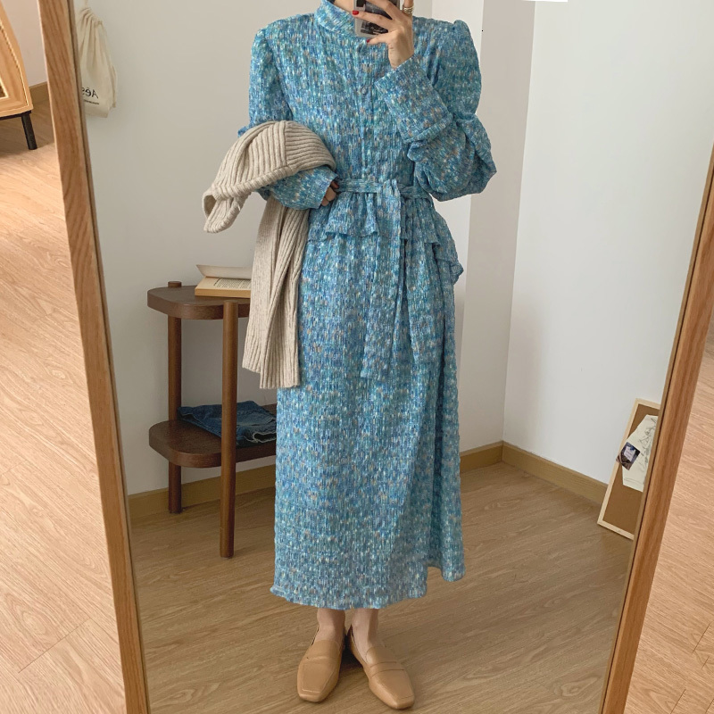 

2021 Women Loose Print Long Sleeve A-line Maxi Vestidos Autumn Spring New Elegant Vintage Ruffles Es Uj01, Blue