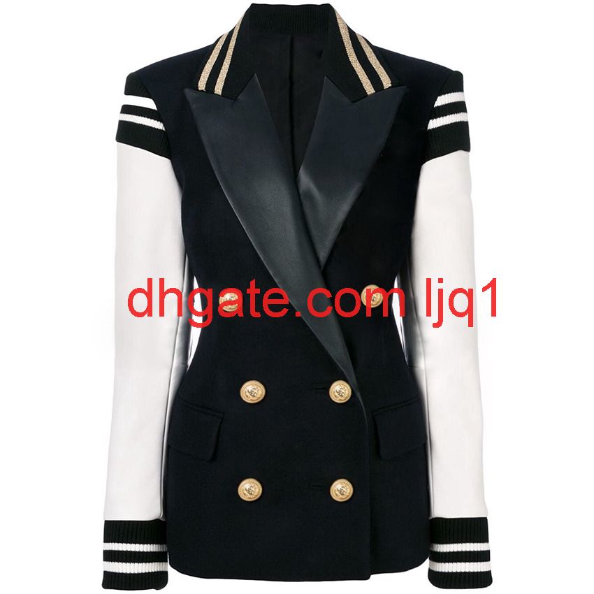 

TOP QUALITY Newest Fashion Designer Stylish Blazer for Ladies Leather Patchwork Double Breasted Varsity Blazer Jacket, White;black