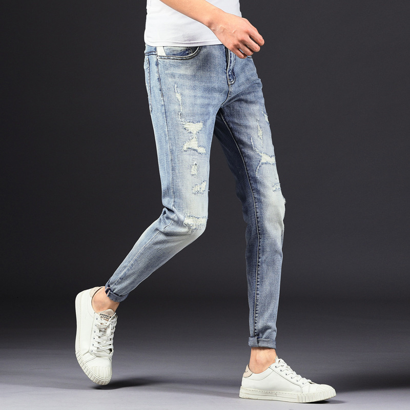 

2021 New Hole in the Knee Biker Jean Men Torn Thin Fit Streetwear Denim Stretch Fashion Cowboy Male Pants Sr1j, Sky blue.