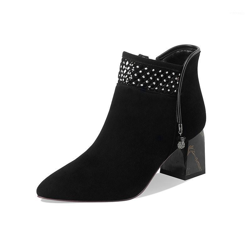 

Newest Thick high Heels Ankle Boots Female Shoes Woman suede Leather ladies boots rystal Concise Party Working Ankle1, Black