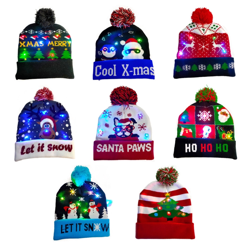 

LED Light Up Christmas Beanie Hat Cartoon Santa Reindeer Knitted Warm Skull Cap X7XC