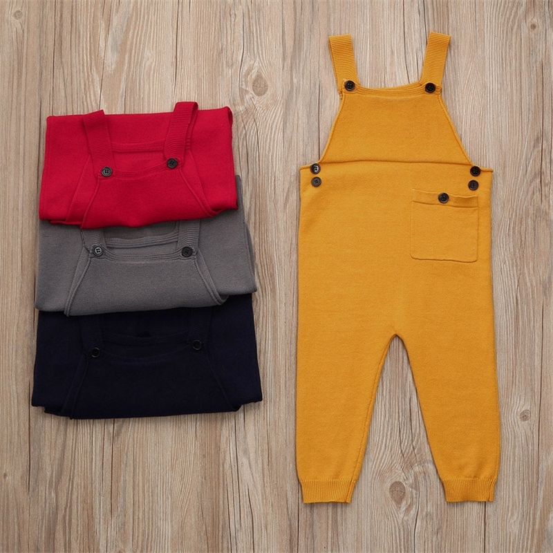

Newborn Baby Boy Girl Rompers Toddler Kids Baby Boys Girls Knitted Overalls Strap Outfits Sleeveless Pocket Jumpsuit 201127, Yellow