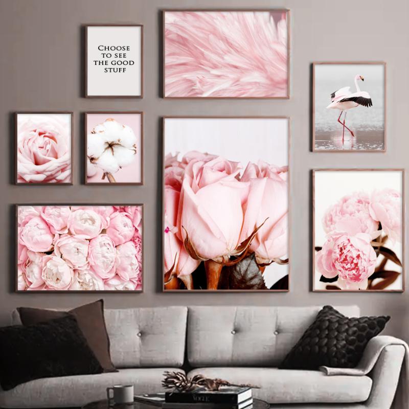 

Pink Peony Flower Bud Cotton Flamingo Feather Art Canvas Painting Nordic Posters And Prints Wall Picture For Living Room Decor