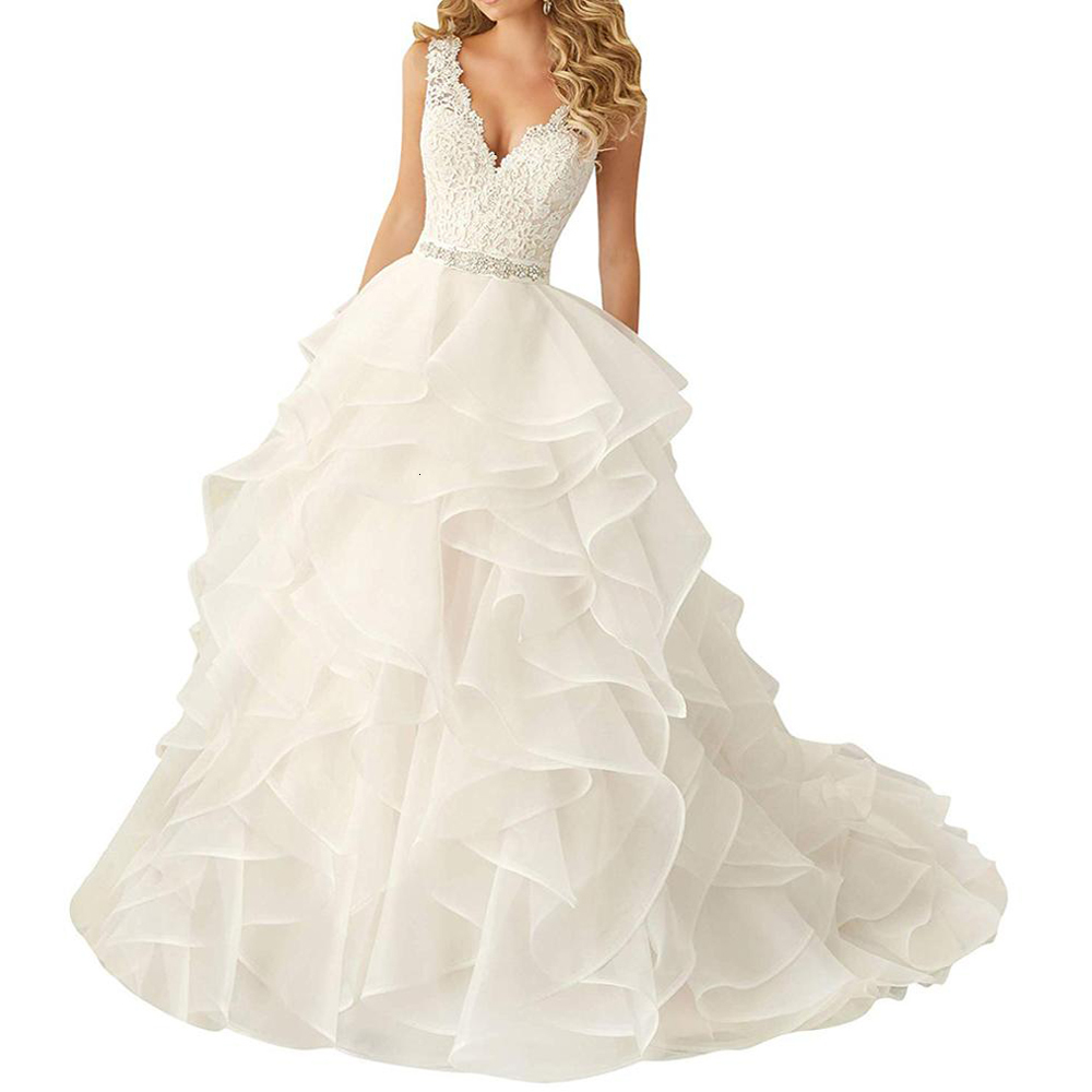 

2021 New Sexy Deep Bow Neckline v Ruffle Dress Patterns the White Line Sleeveless Designer Wedding Gowns VXML, Ivory