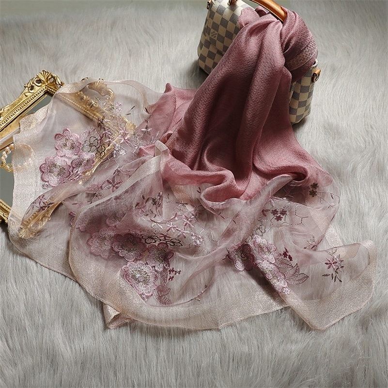 

Women Luxury Silk Wool Scarf Shawls Floral Embroidery Lady Pashmina Neck Hijab Foulard Wraps Bufanda Winter Warm Scarves 201018