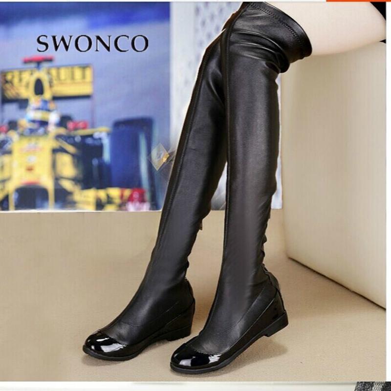 

SWONCO Winter Shoes Women Tall Snow Boots Black Elegant Slim Leg 2020 Black Casual Leather Boot Thigh High Boots For Women Shoes, Black no fur