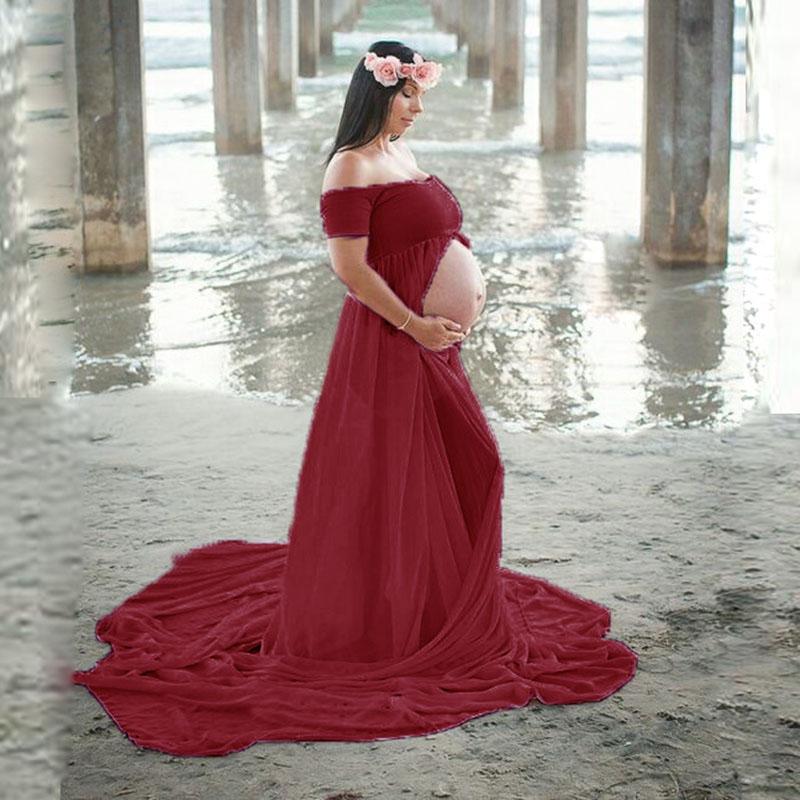 

Elegant Shoulderless Maxi Gown Split Front Maternity Dresses for Photo Shoot Short Sleeve Chiffon Pregnancy Dress Photography, Pink