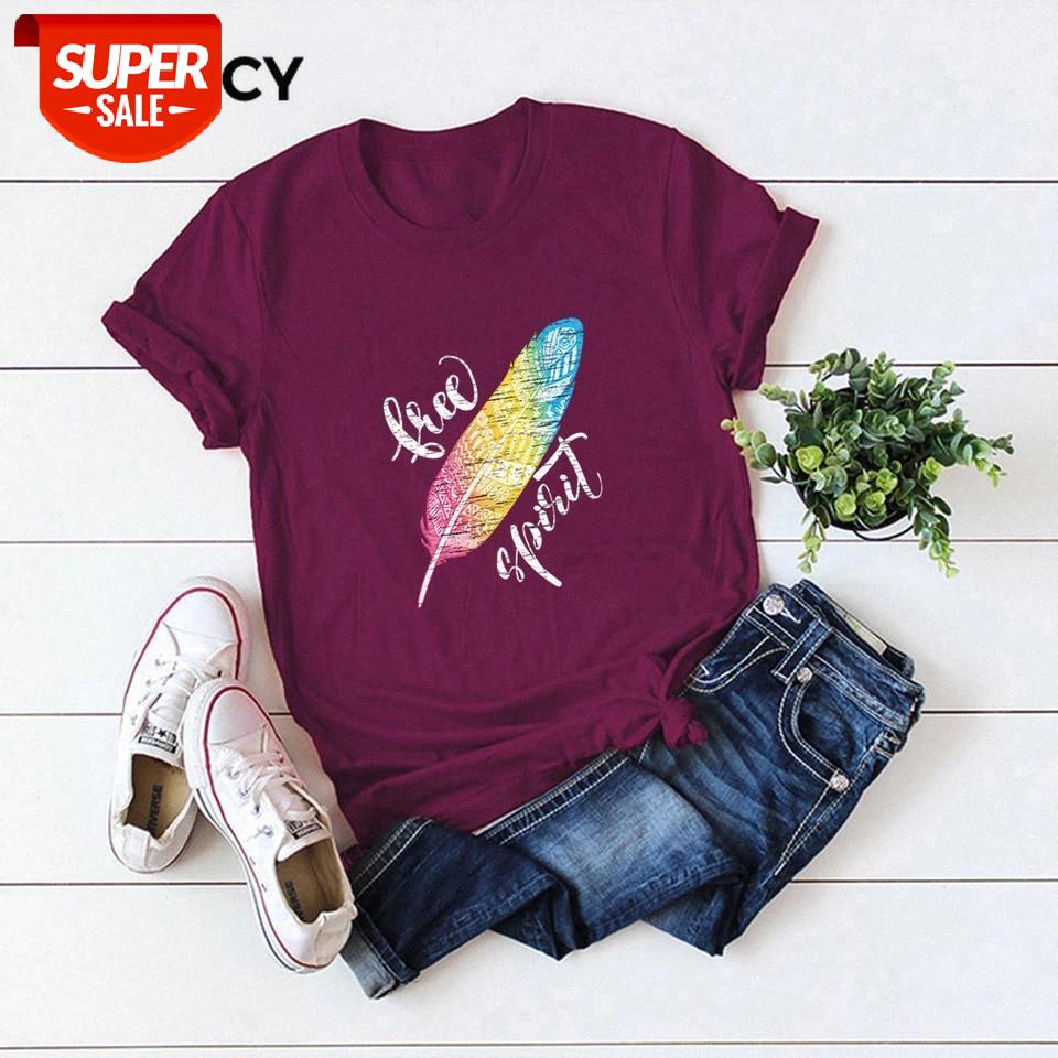 

JFUNCY Fashion Feather Print Women Cotton T-shirt Short Sleeve Summer Tops Woman T Shirt Female Plus Size Casual Clothes #Dr8d, White
