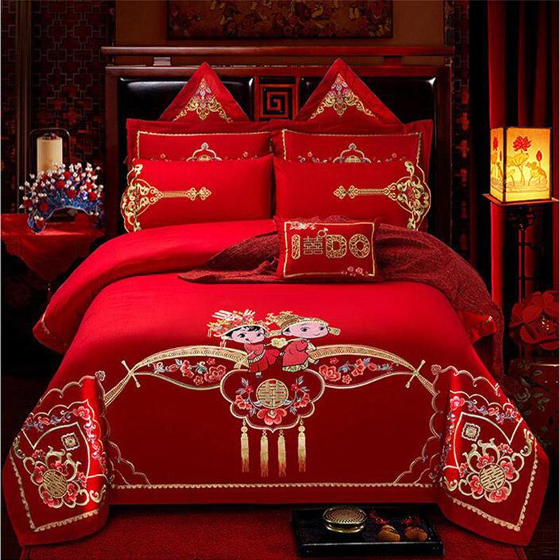 

Luxury red wedding kit New Chinese embroidered duvet cover set high level wedding bedding set 6pcs/7pcs/8pcs/10pcs kit free ship, Style 4