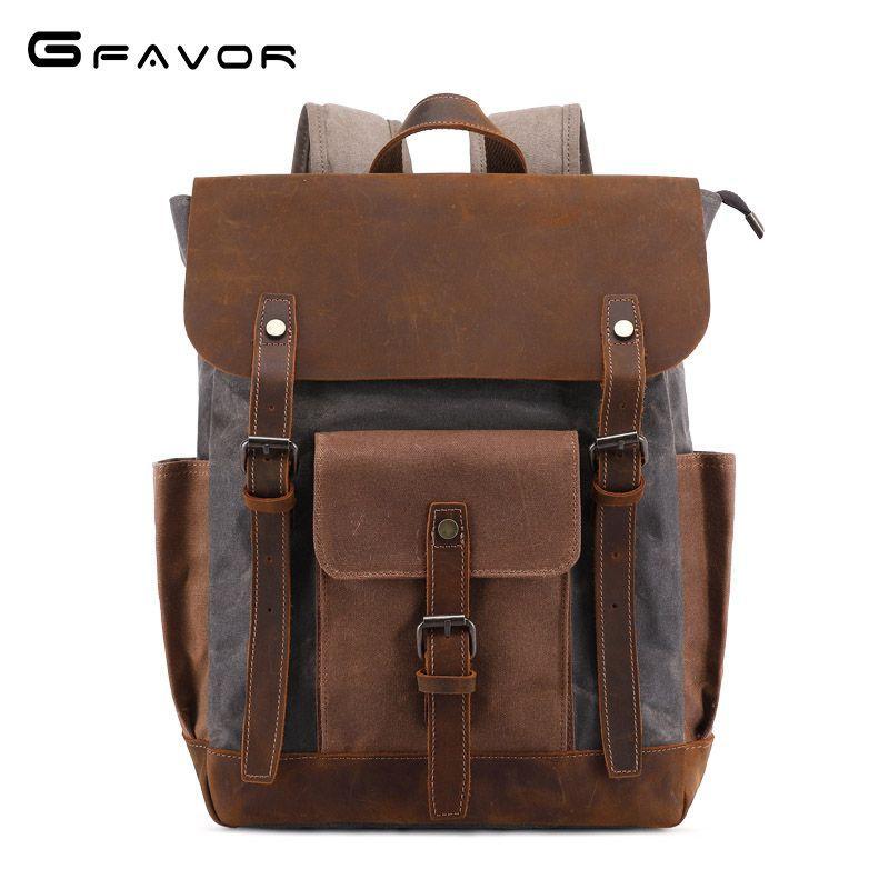 

Source point crazy horse skin men's bag double shoulder bag men's canvas travel computer backpack, Brown