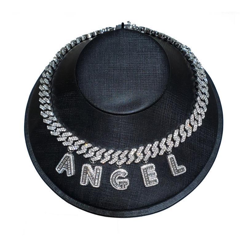 

12mm Baguette Rhinestone Miami Cuban Link Word: Angel Letter Necklace Silver Color Plating Micro Paved CZ Cuban Joining together1