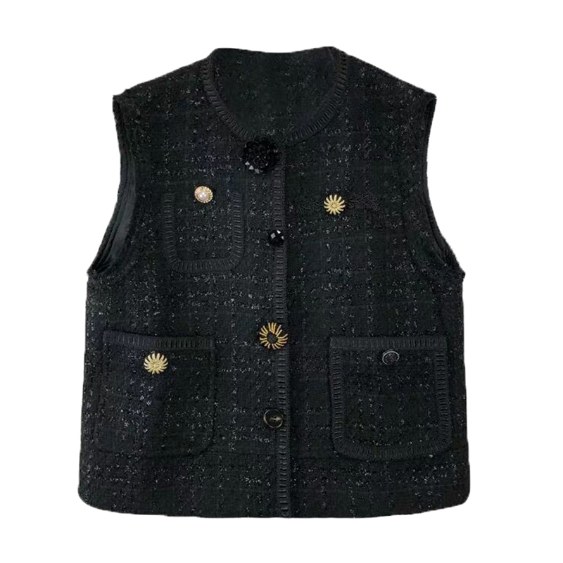

PERHAPS U Women Tweed Black White O Neck Sleeveless Vest Jacket Loose Button Pocket C0115 210204