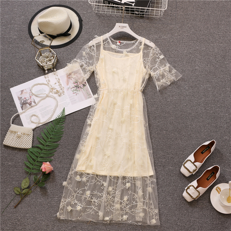 

Female Floral Embroidered Candy Mesh 2021 New Summer Ladys the Neck Vintage Short Sleeve 2 Piece Dress Ensemble Kymo, Games