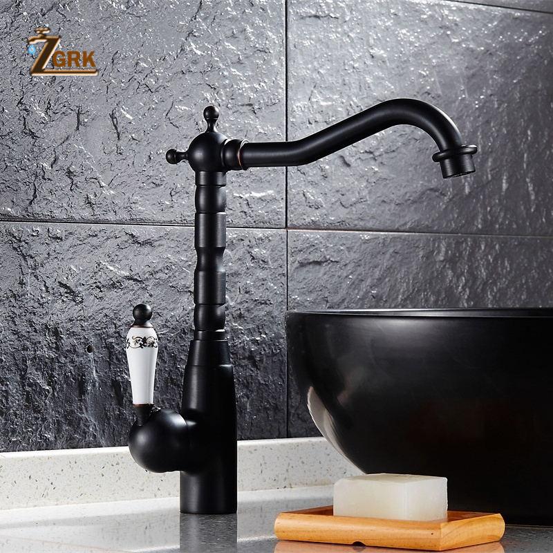 

ZGRK Newly Black Brushed Basin Faucet 360 Swivel Blue And White Handle Bathroom Faucets Hot Cold Mixer Tap Kitchen Faucets