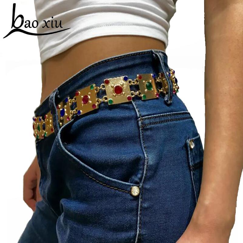 

New Women Luxury Metal Vintage Belt Fashion Gold Gem Stones Design Chain Belt Waistband Elastic Straps Belts Accessory