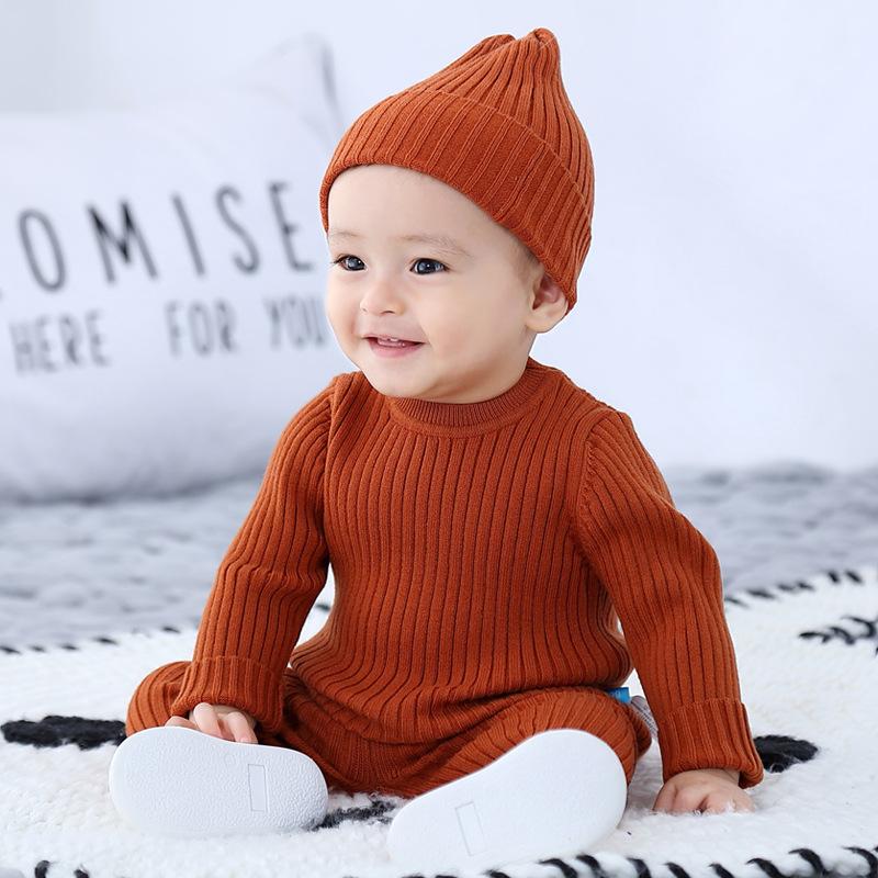 

3Pcs Newborns Boy Sweater Set Girls Boys Knitted Outfits Infant Top+ Pants + Hat Toddler Clothing Suit Baby Knit Undershirt, Brown