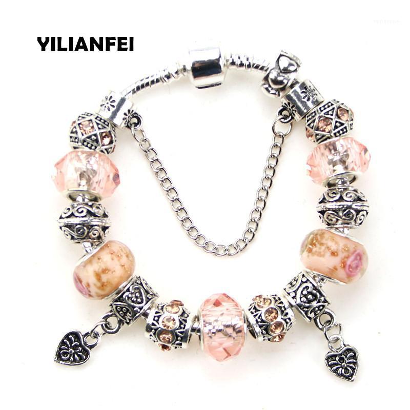 

YILIANFEI Heart Pendant Big orange Crystal/Glass Beads Cuteness Elegant Charm Bracelets & Bangles For Women Gift BT00451