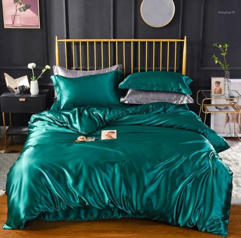 

Green Silky Satin Bedspread Duvet Cover Flat/Fitted Sheet Linen Solid Color Bedding Set Queen King size 4pcs Soft Mattress cover1