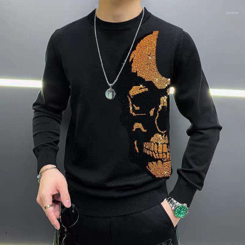 

New Winter Men's Round Neck Sweater Casual Fashion Fabric Knitted Long-Sleeved Hot Diamond Skull Pullover Tops1, White;black