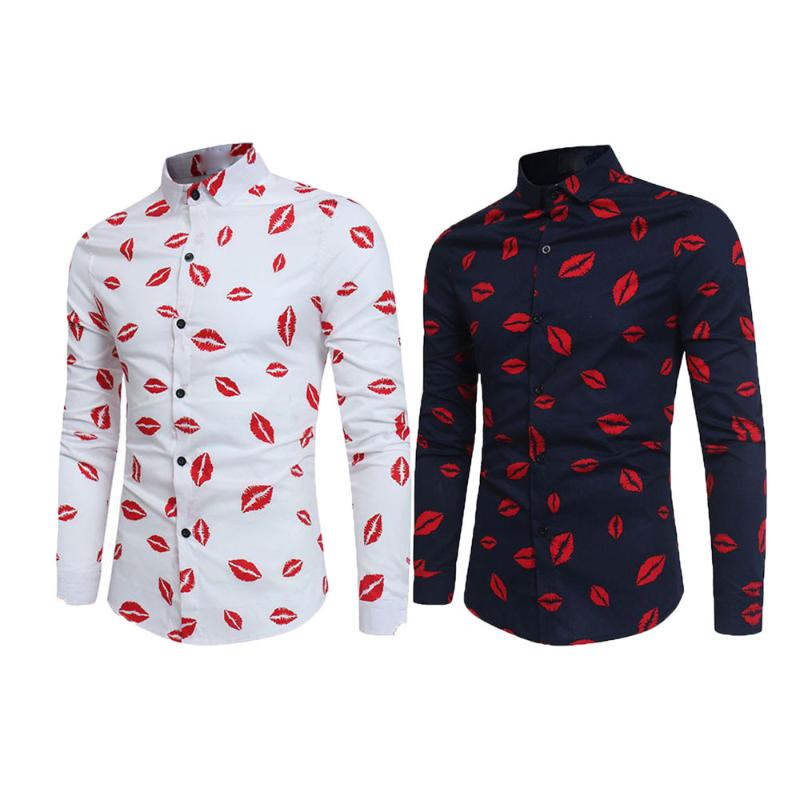 

Men shirt Fashion Floral Print Button Long Sleeve Basic T Shirt Blouse Top Daily comfy male t-shirt Men's shirts chemise homme, White
