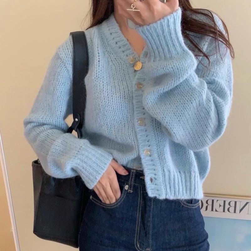 

Women's Knits & Tees 2022 Vintage V Neck Soft Warm Loose Women Knitted Cropped Cardigan Elegant Long Sleeve Single-breasted Female Sweater C, White