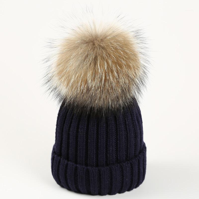 

New winter Adult kids thick warm skullies beanies removable detachable Real nature fur pom poms knitting hat gorros1