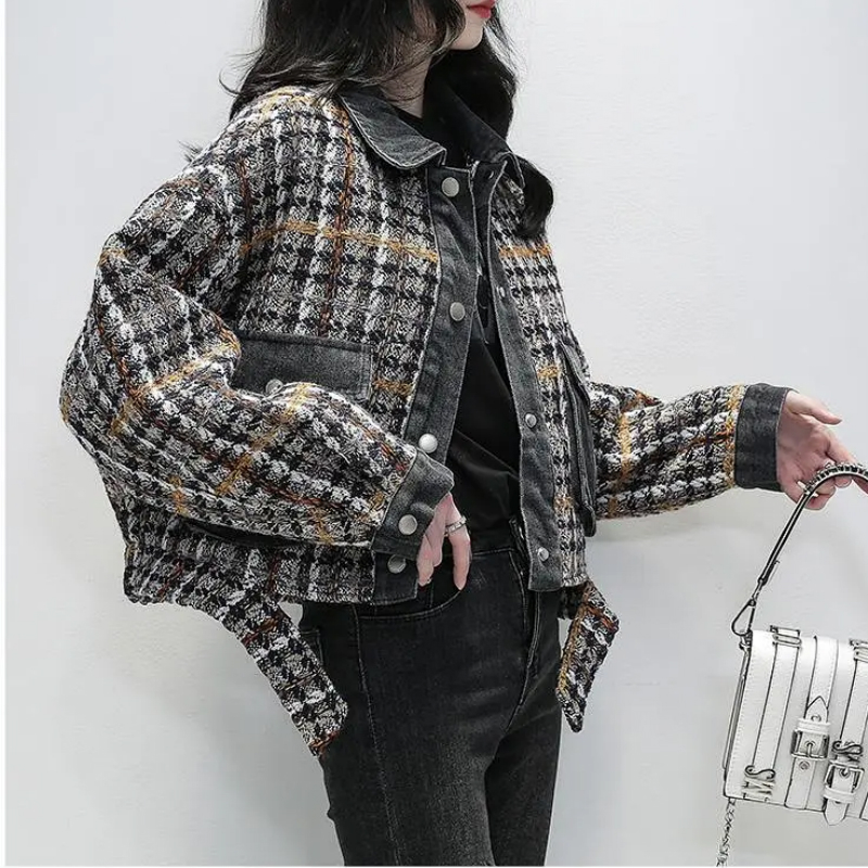 

2021 New Feminina Outono Xadrez Curto Feminino Bomba Jaqueta 063s, Blue