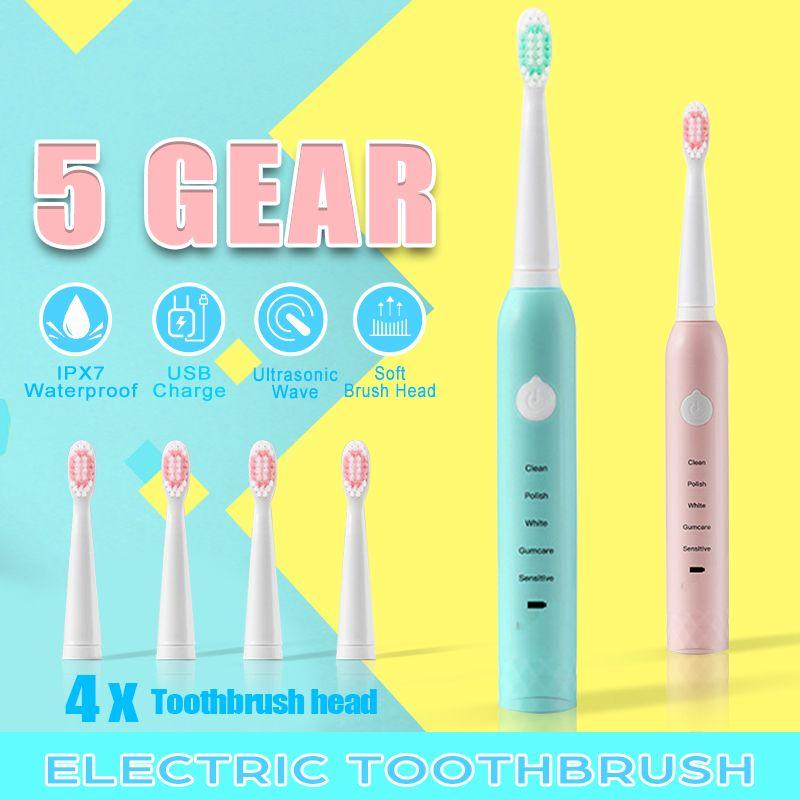 

5 Mode Electric Toothbrush Rechargeable Ultrasonic Washable Electronic Whitening Waterproof Teeth Brush+ 4 Head+Protective Cover