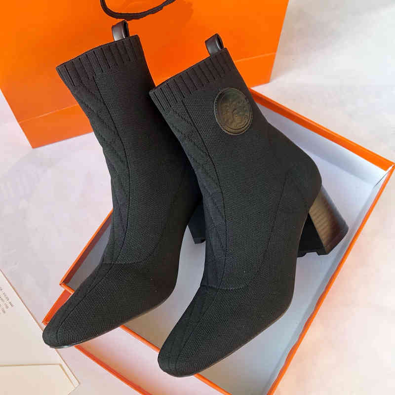 

Boots Ankle Women Designer For Woman Autumn Winter Luxurious Round Toe Brand Sock Botas Ladies Thick Heel Warmth Shoes Women's High Heels FEWP, Brown