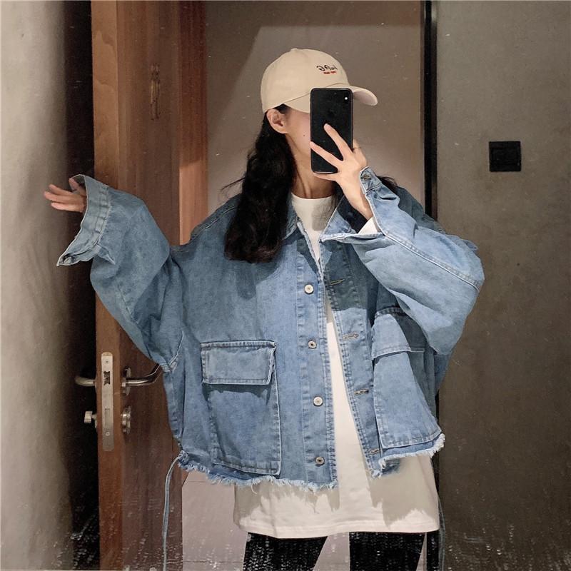 

2020 Girls Denim Jacket Short Loose Fashion Frayed Hem Spring Denim Coat for Women with Large Pockets, Blue