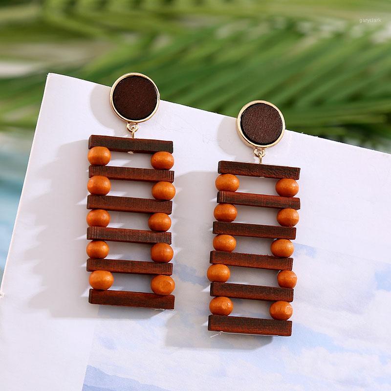 

2020 Trendy Geometric Square Long Handmade Wooden Drop Earrings For Women Vintage Brown Wood Statement Earring Korean Jewelry1