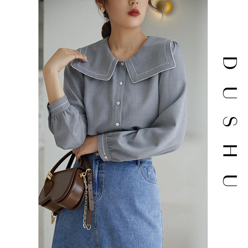 

DUSHU Plus size sailor collar embroidery blouse shirt Women spring autumn long sleeve elegant top Female office causal blouse, Gray