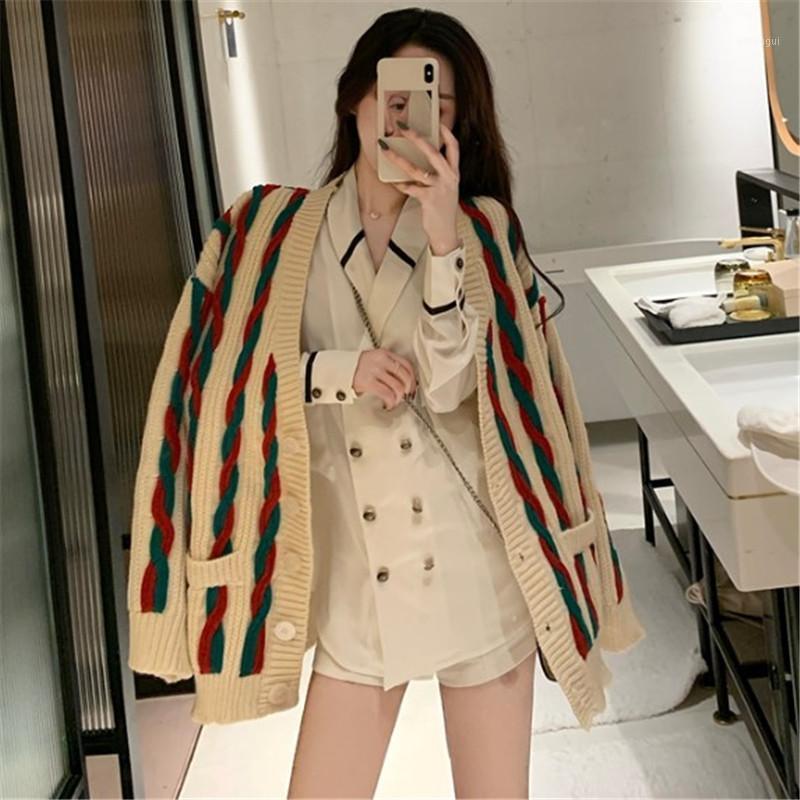 

Womens Sweaters Vintage Loose Stripe Knit Cardigan Autumn Winter 2020 New Fashion Korean Sweet Knitted Jumpers Dropshipping1, As picture