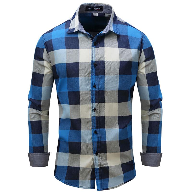 

2020 Men Shirt Cotton Plaid Long Sleeve Shirt Men Casual Slim Blue Mens Clothing camisa masculina Europe Size Drop Shipping