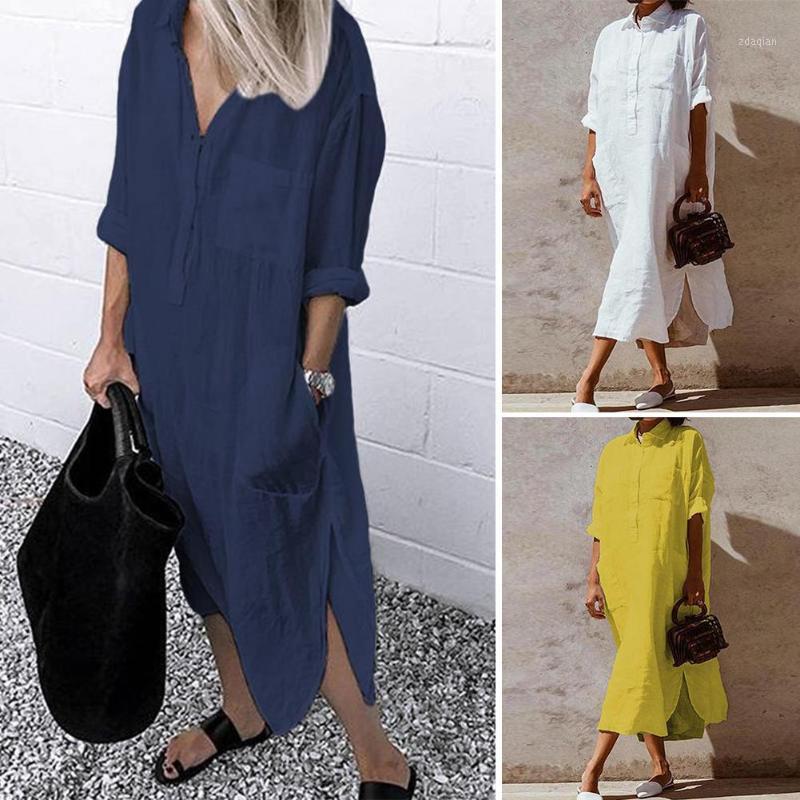 

Women Fashion Solid Color Boho Oversize Long Sleeve Pockets Side Slitting Hem Maxi Shirt Dress1, Blue