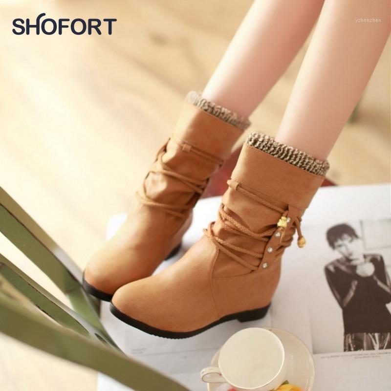 

Boots SHOFORT Winter Women 2021 Fashion Buckle Strap Cross-tied Snow Low Heel High Tube Fringed Warm Casual Women's Shoes1, Green