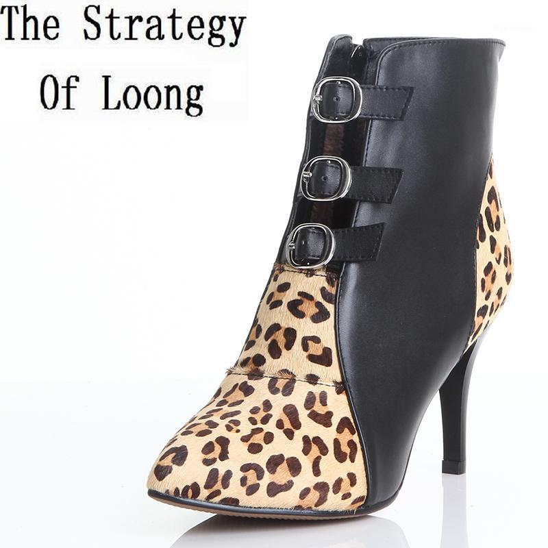 

Spring Autumn Winter Women Thin High Heel Genuine Leather Buckle Pointed Toe Leopard Fashion Ankle Boots Size 34-39 SXQ08111, Black