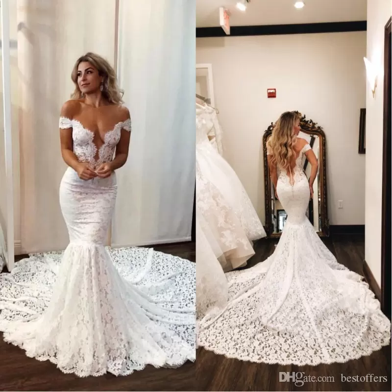 

2022 Elegant Full Lace Mermaid Wedding Dresses Sexy Sheer Backless With Buttons Off the Shoulder Long Train Bride Wedding Gowns BC2771, White