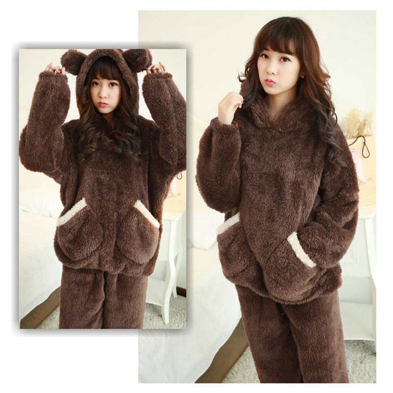

2021 Brown Bear Sets of Women's Pajamas Fall and Warm Winter Gleaming Velvet Suit Flannel Long Female Pyjamas Y8u1, Beige